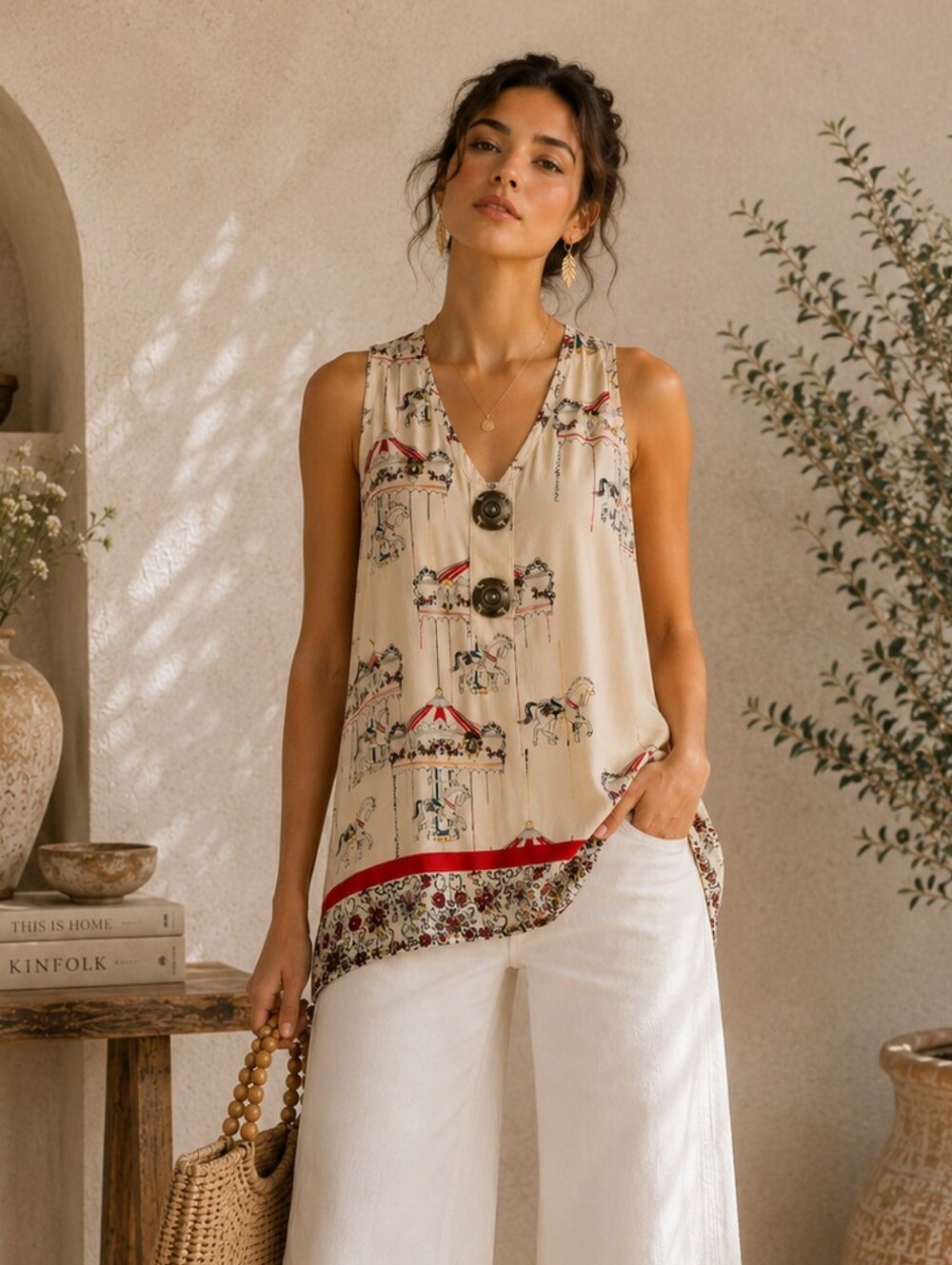 Anthropologie Trinity Silk Carousel Horse Print Sleeveless Blouse S